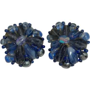 Early Blue Art Glass Beads Clip on Earrings, Germ… - image 1