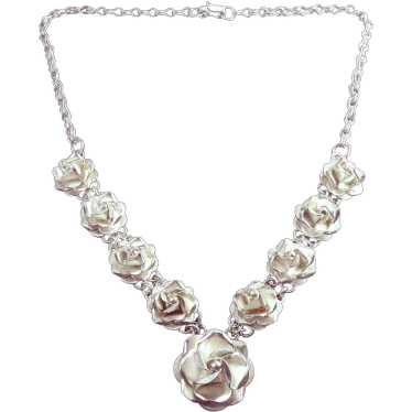 Vintage Mexican Sterling Silver 3-D Roses Necklace - image 1