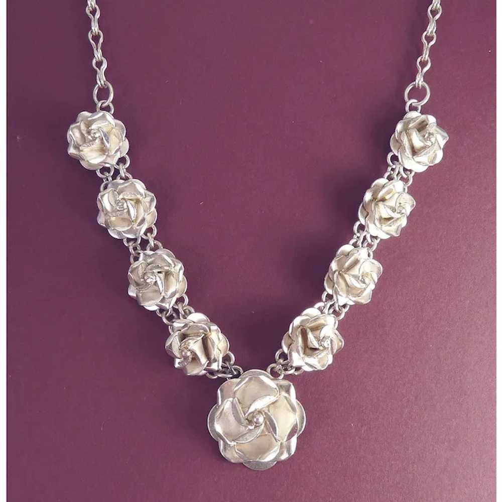 Vintage Mexican Sterling Silver 3-D Roses Necklace - image 2