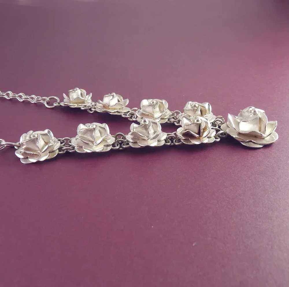 Vintage Mexican Sterling Silver 3-D Roses Necklace - image 3