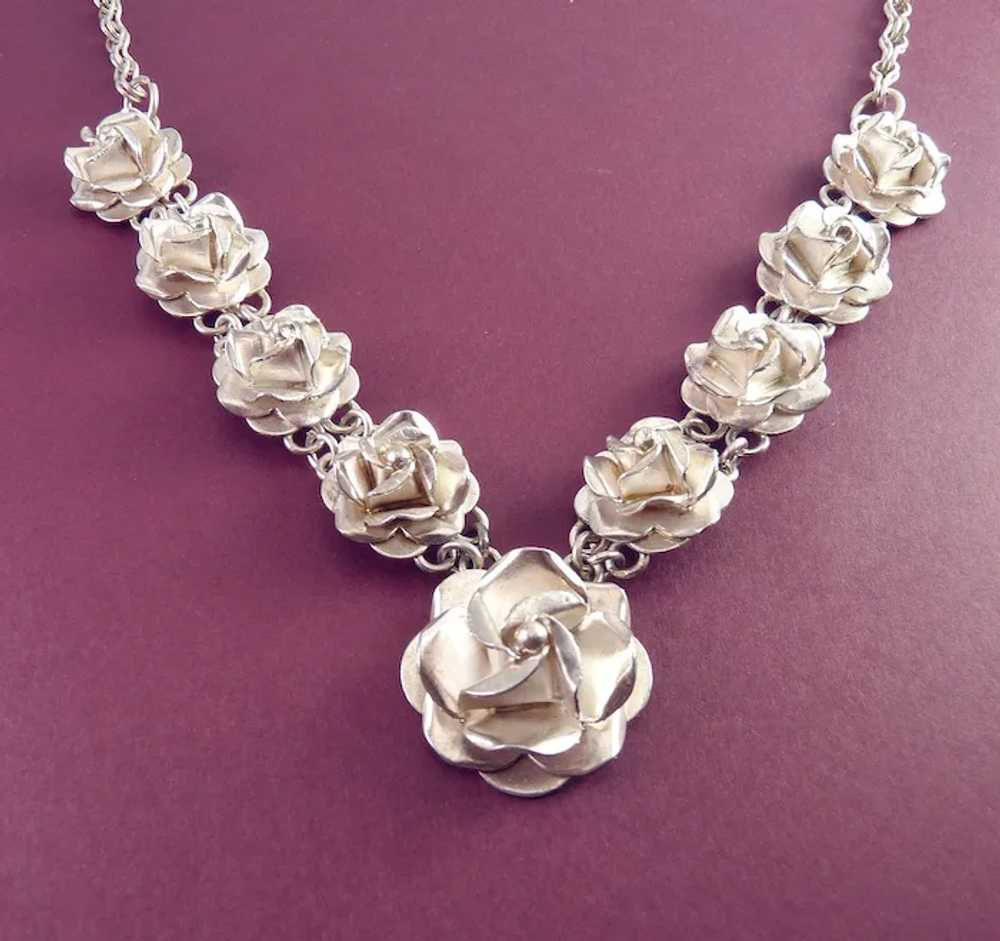 Vintage Mexican Sterling Silver 3-D Roses Necklace - image 4