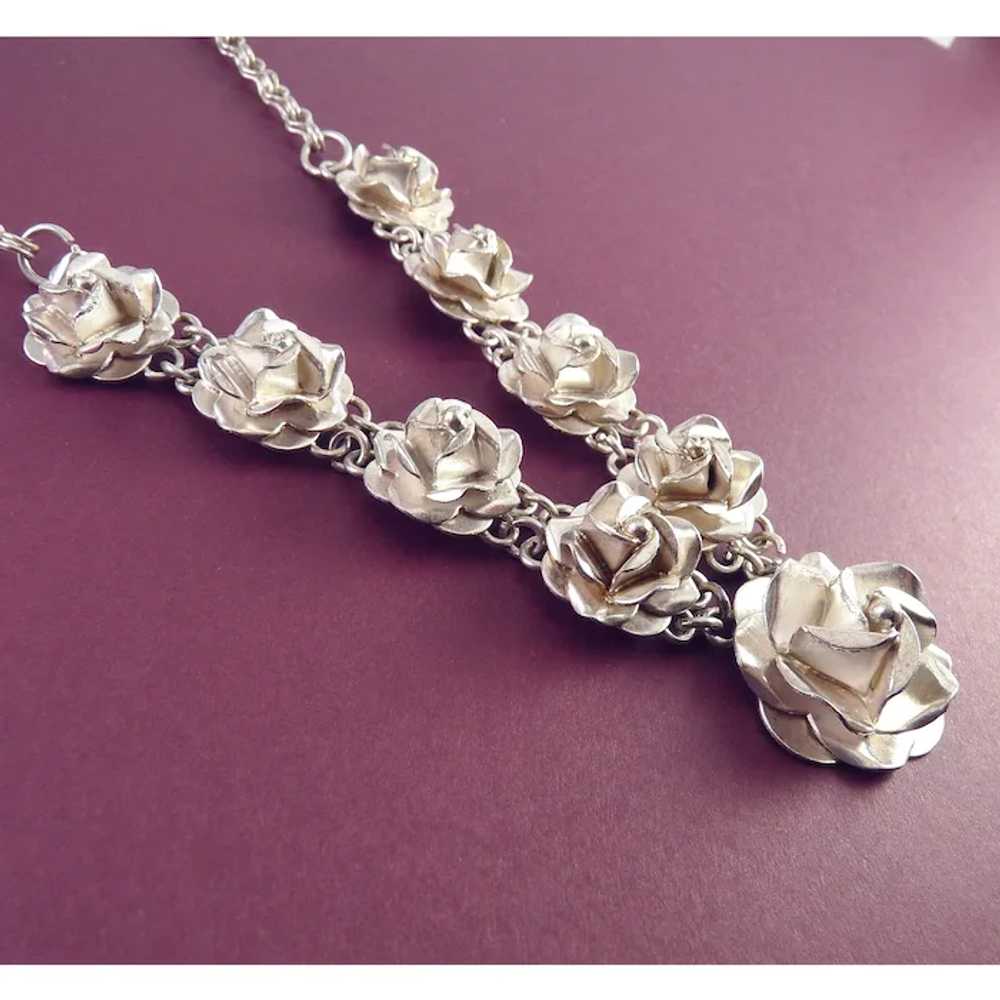 Vintage Mexican Sterling Silver 3-D Roses Necklace - image 5