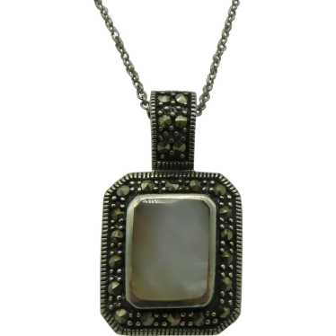 Sterling Silver Marcasite Mother of Pearl Pendant… - image 1