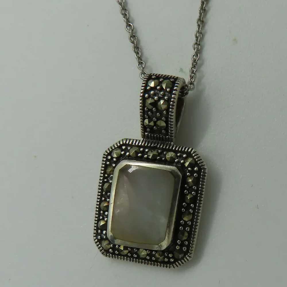 Sterling Silver Marcasite Mother of Pearl Pendant… - image 4