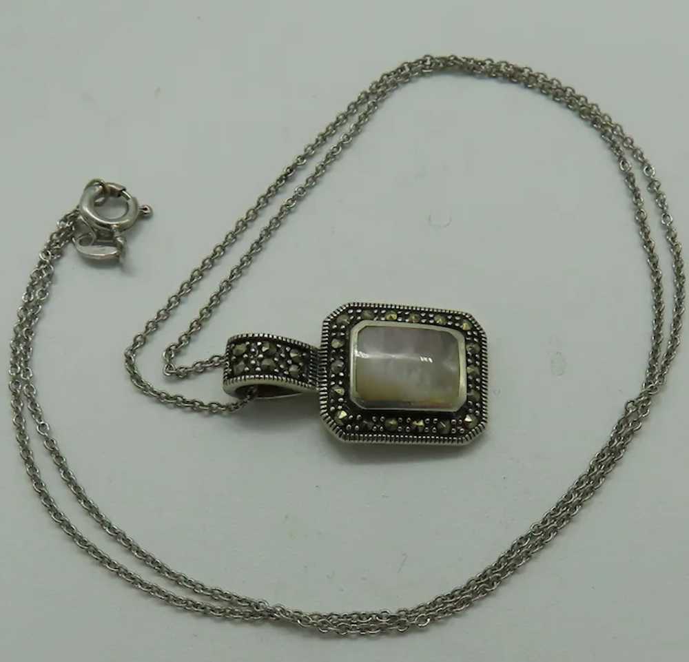 Sterling Silver Marcasite Mother of Pearl Pendant… - image 5