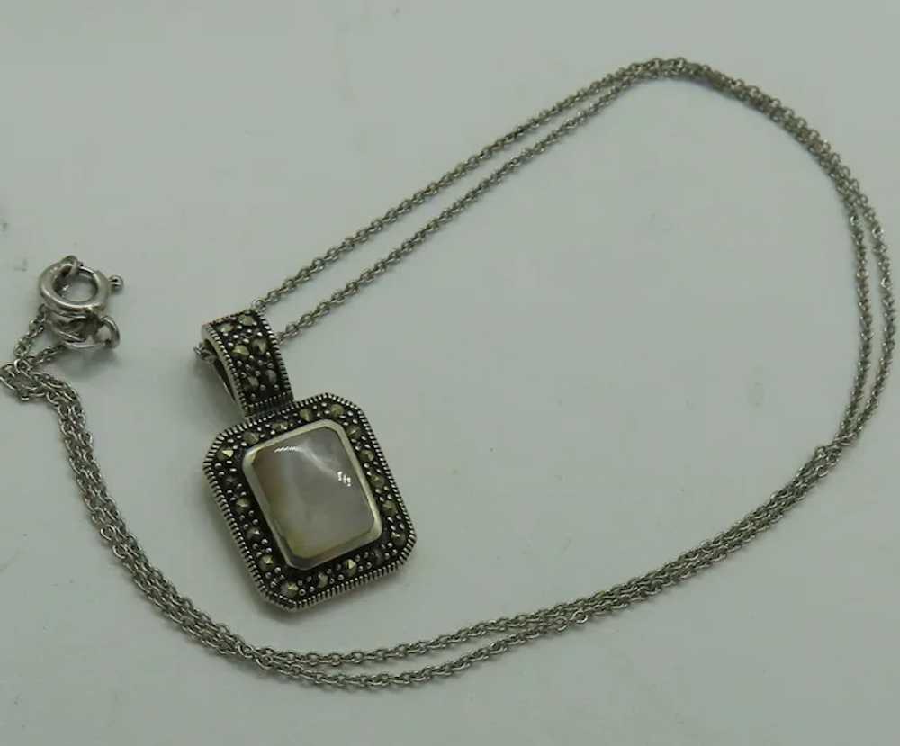 Sterling Silver Marcasite Mother of Pearl Pendant… - image 6