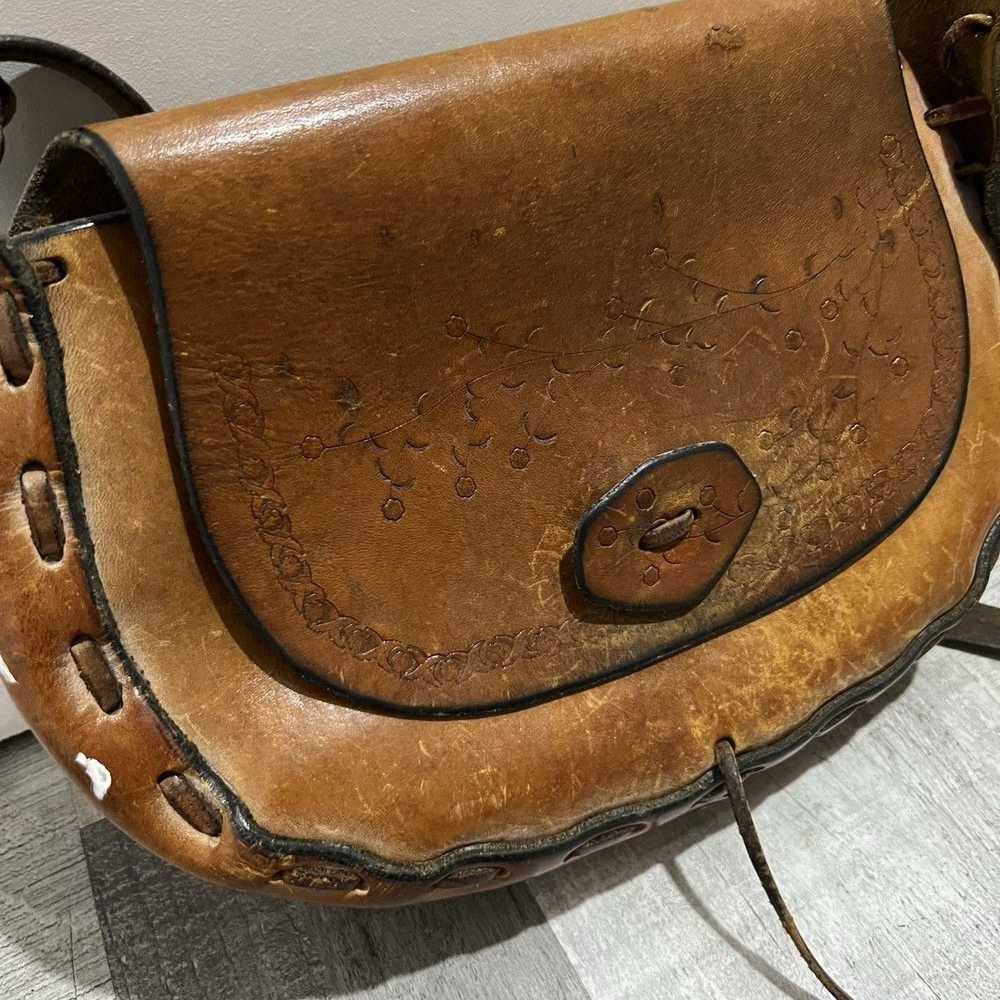 Handmade × Vintage VTG Hand Tooled Brown Leather … - image 2