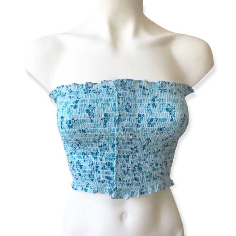 Flower Print Blue Strapless Cropped Tube Top - image 1