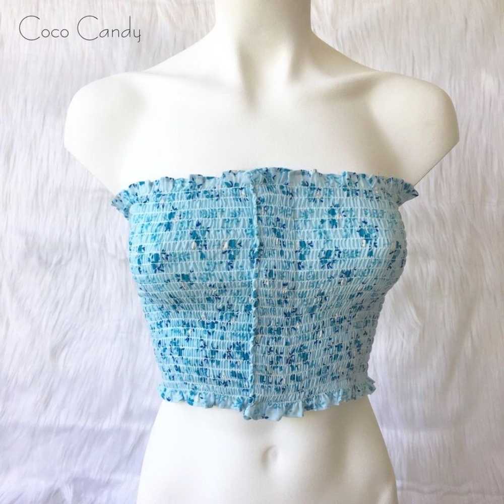 Flower Print Blue Strapless Cropped Tube Top - image 2