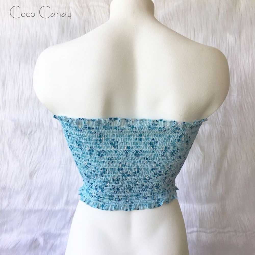 Flower Print Blue Strapless Cropped Tube Top - image 3
