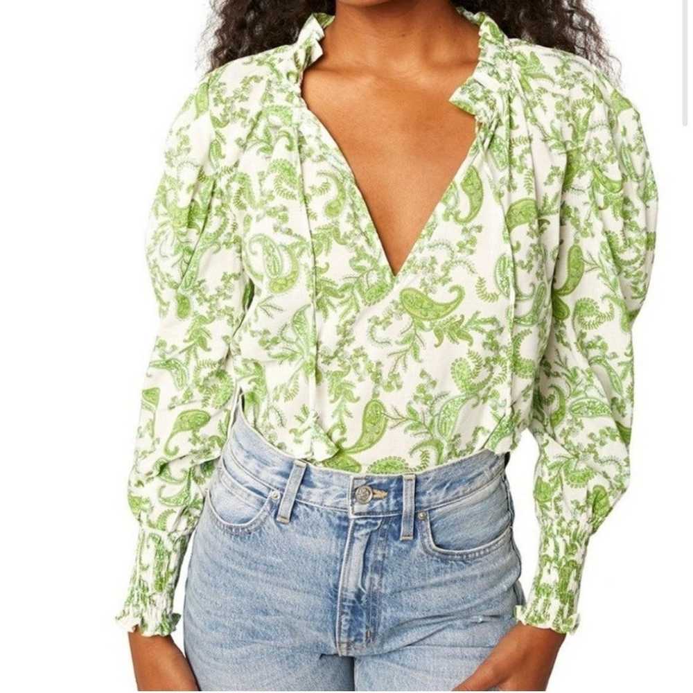 MISA Los Angeles Sienna Blouse Top White Green Pa… - image 1