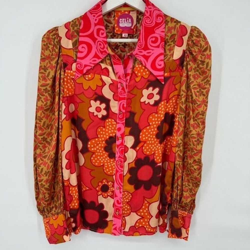 CeliaB Roman Satin Shirt Long Sleeve Floral Print… - image 2
