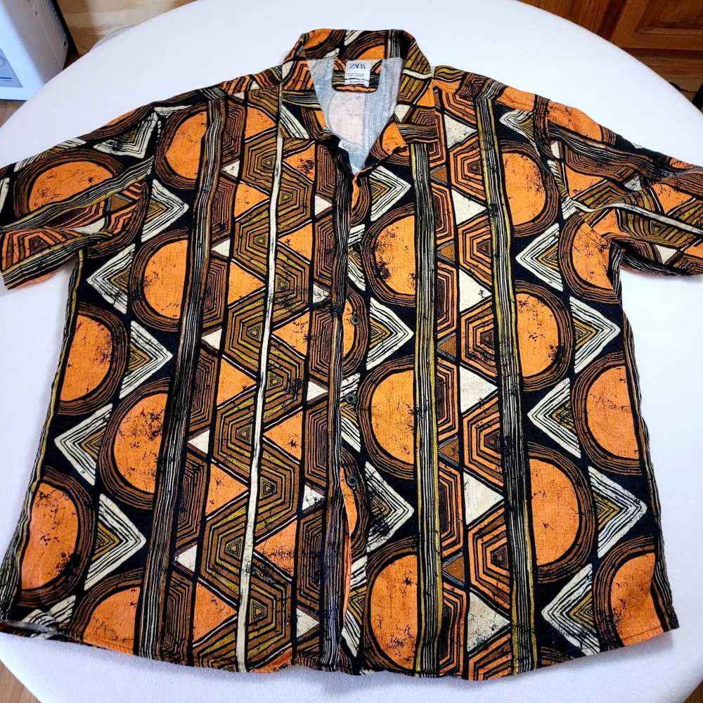 Zara Zara Men's Shirt L Geometric Print Linen Ble… - image 2