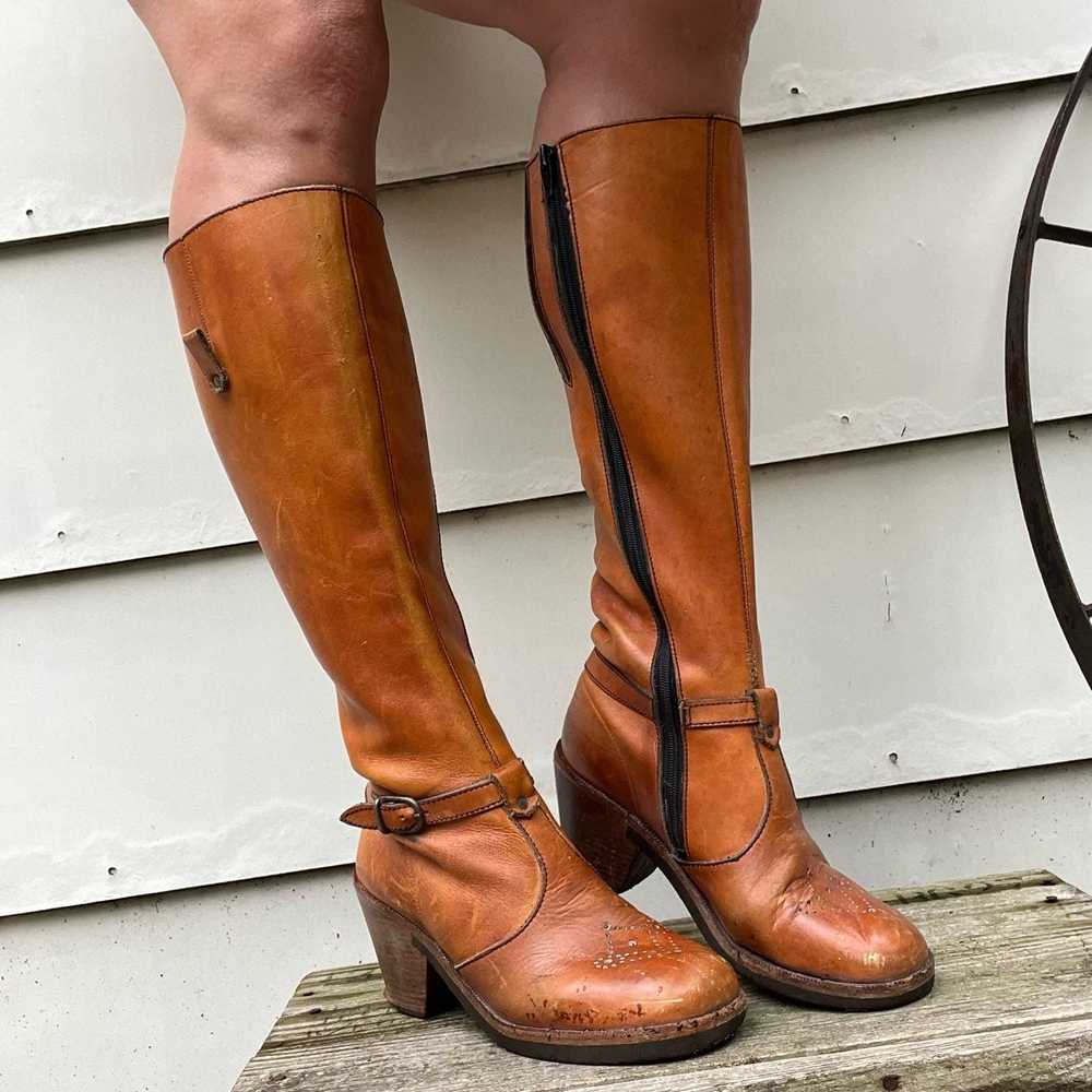 Vintage 70s Leather Stacked Heel Harness Penny La… - image 1