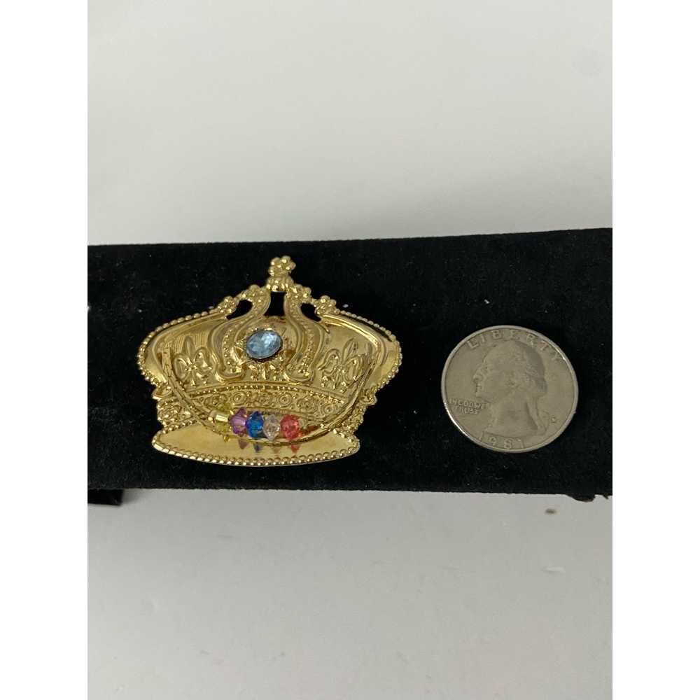 Generic Gold tone crown brooch with chain and rhi… - image 2