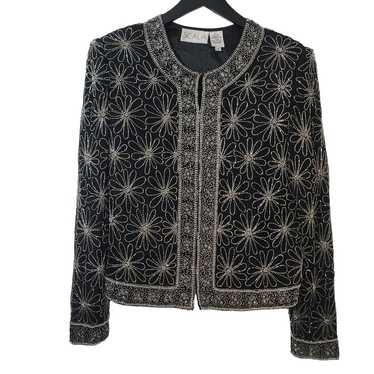 Vintage Scala Beaded Jacket Size Small Black Silk… - image 1