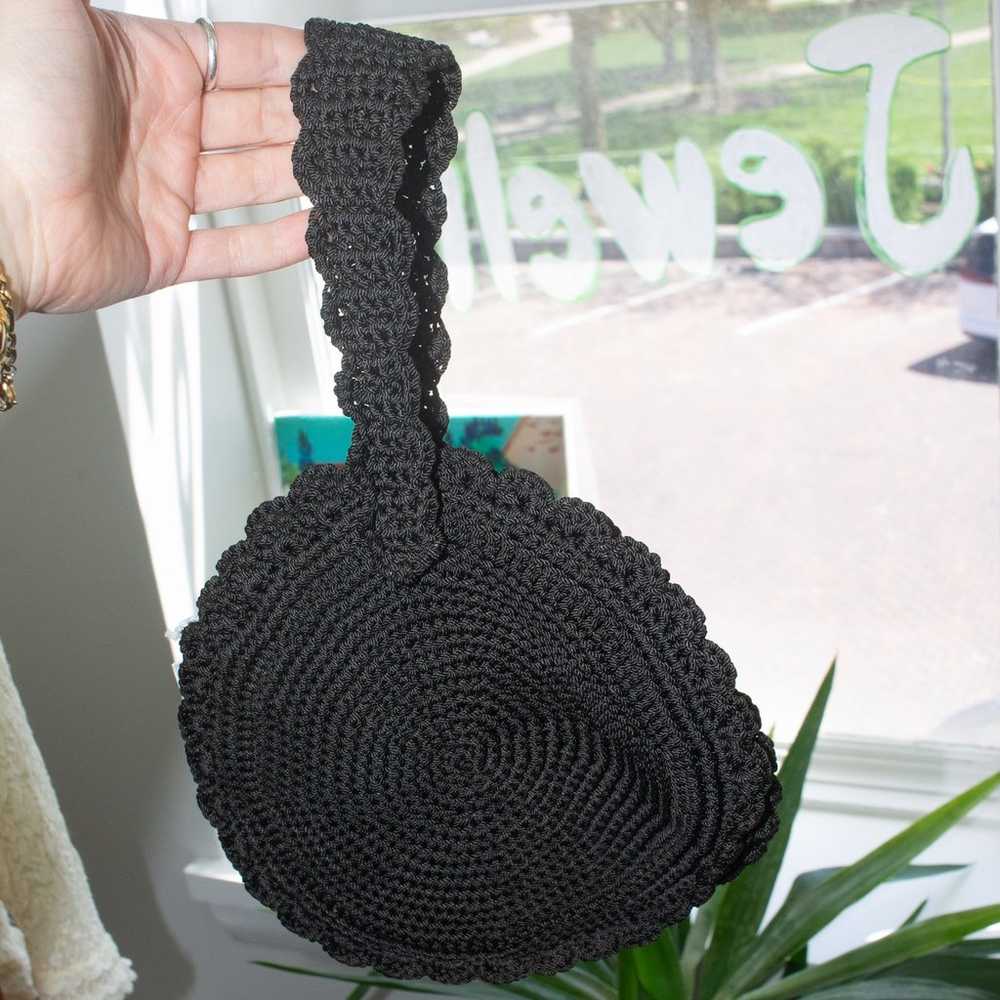 Vintage 50s 60s Mini Crochet Wristlet Handbag Bla… - image 1