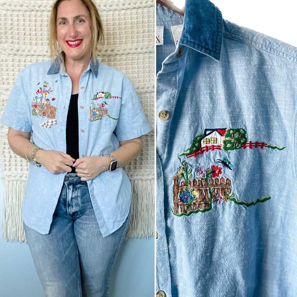 Vintage 90s mom embroidered chambray denim button… - image 1