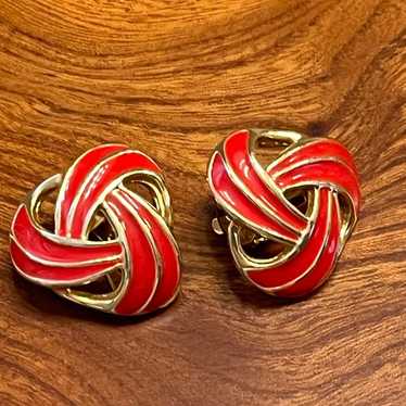Red Enamel and Goldtone Clip Earrings - image 1