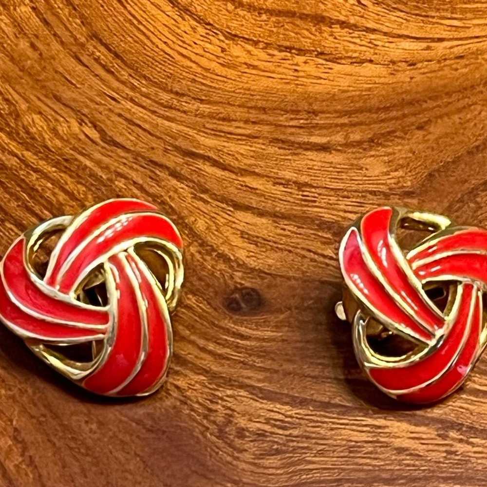 Red Enamel and Goldtone Clip Earrings - image 2
