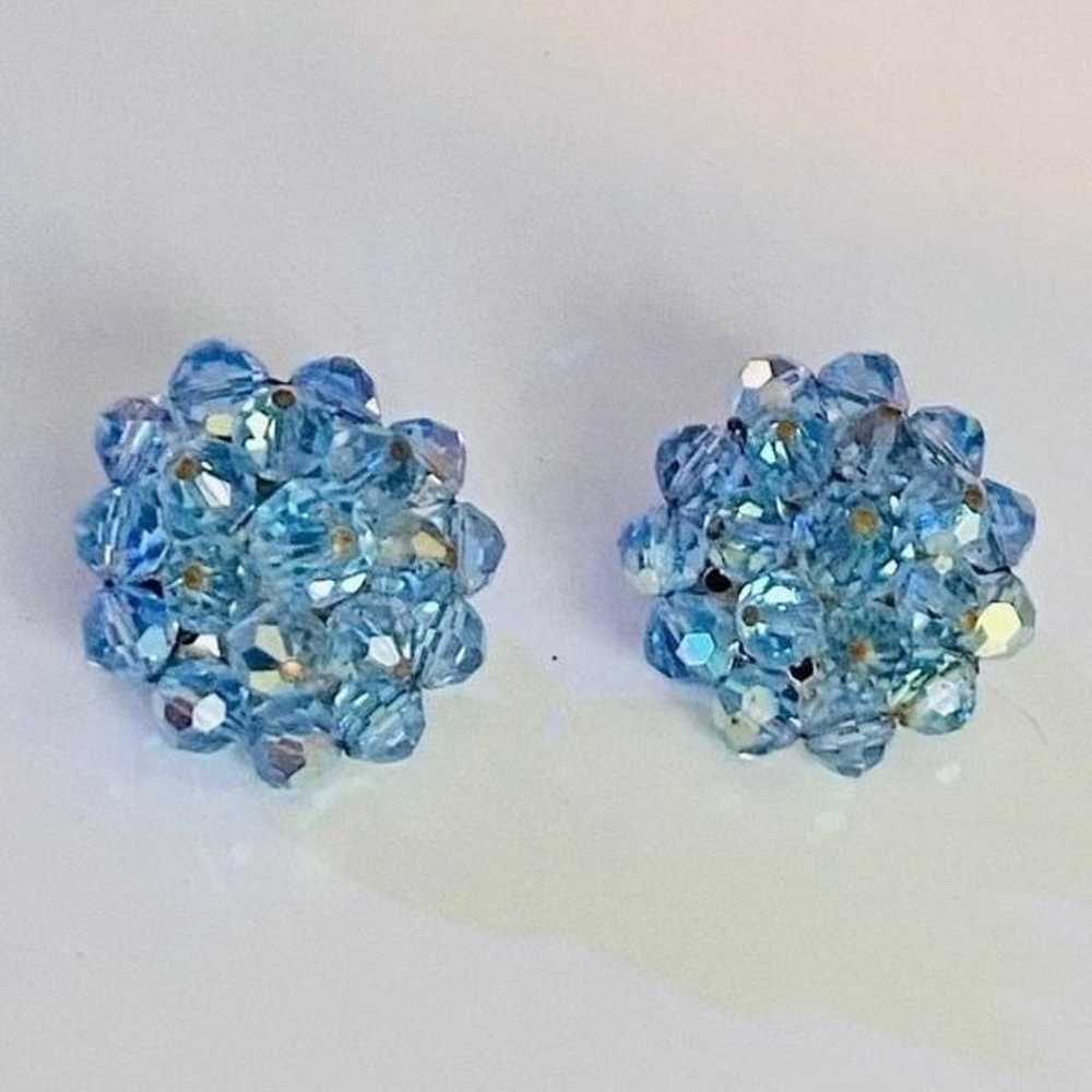 Vintage AB Crystal Blue Aurora Borealis Clip On R… - image 1