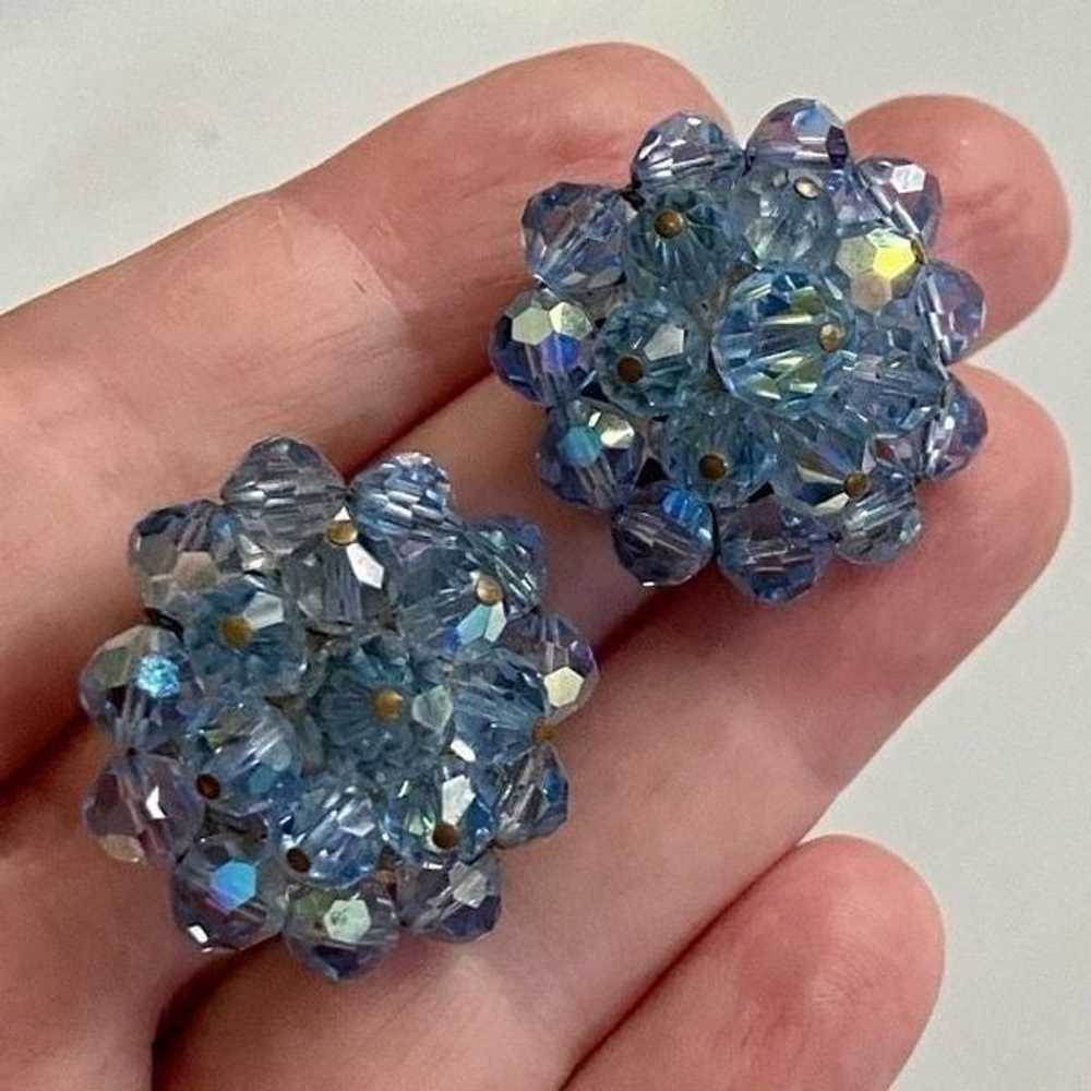 Vintage AB Crystal Blue Aurora Borealis Clip On R… - image 2