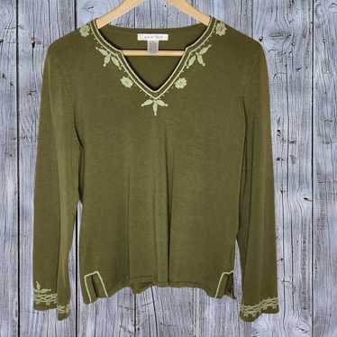 August Silk Y2K Green Embroidered Floral V-Neck Lo