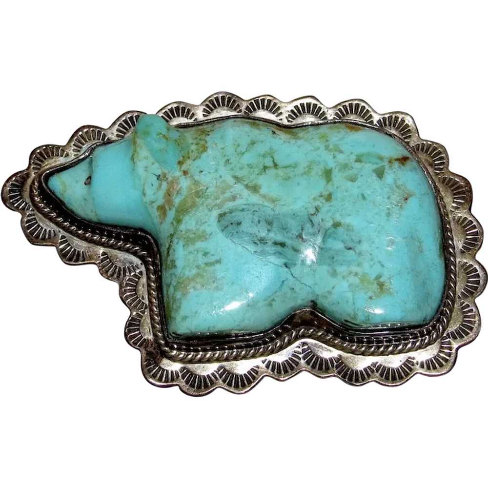 Old Pawn Navajo Carved Turquoise Bear Pin Brooch … - image 1