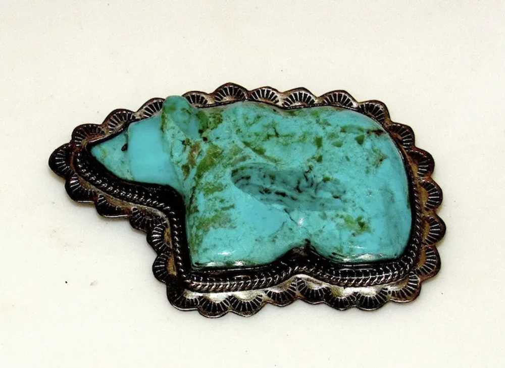 Old Pawn Navajo Carved Turquoise Bear Pin Brooch … - image 2