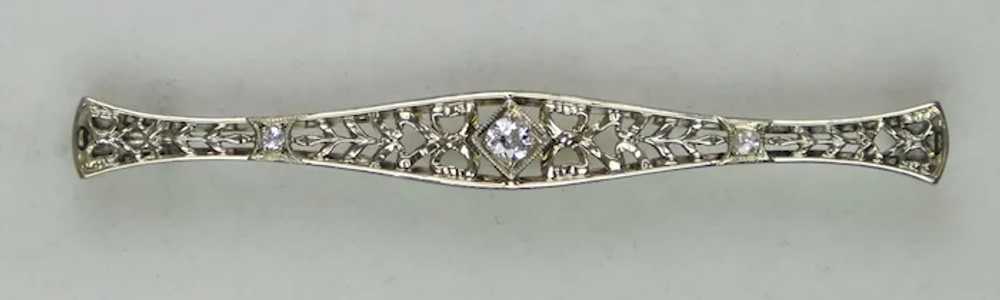 Art Deco 18K White Gold Filigree Diamond Bar Pin - image 2