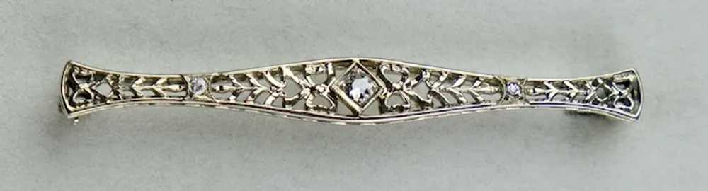 Art Deco 18K White Gold Filigree Diamond Bar Pin - image 5
