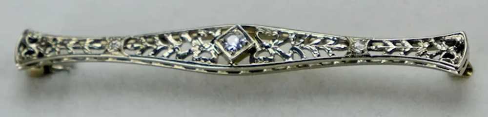 Art Deco 18K White Gold Filigree Diamond Bar Pin - image 6