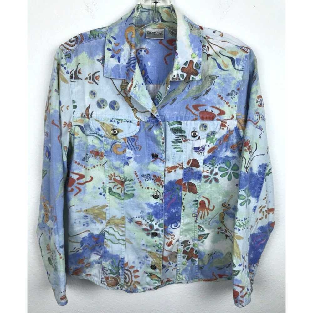 Vintage Chicos Denim Blouse Size 0 Novelty Ocean … - image 1