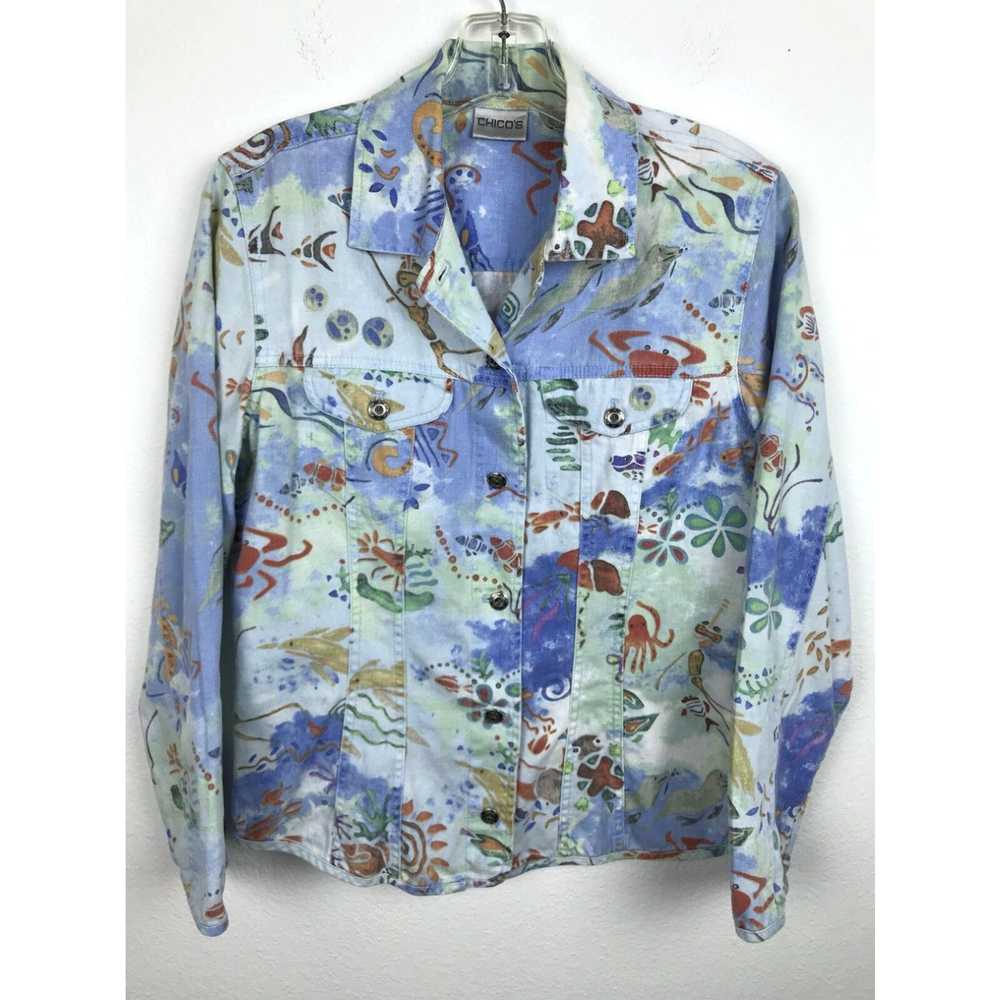 Vintage Chicos Denim Blouse Size 0 Novelty Ocean … - image 2