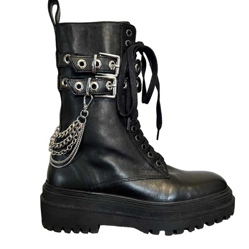 Zara Leather Platform  Black Combat Boots With Re… - image 1