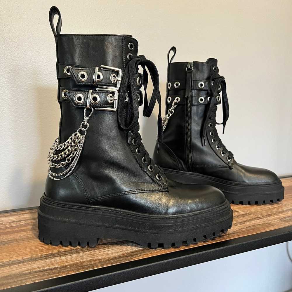 Zara Leather Platform  Black Combat Boots With Re… - image 2