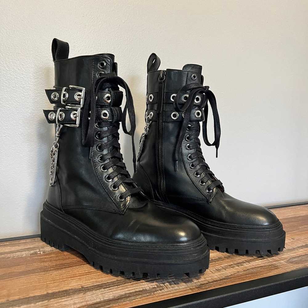 Zara Leather Platform  Black Combat Boots With Re… - image 3
