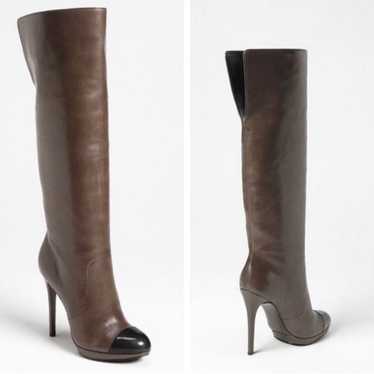 Brian Atwood stiletto brown leather boots over the