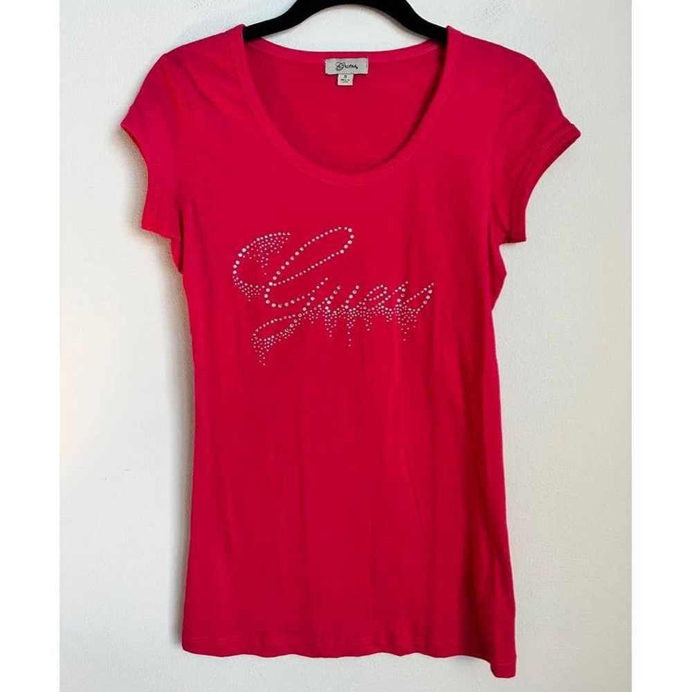 Vintage Guess Pink Cotton Rhinestone Logo T-Shirt… - image 1