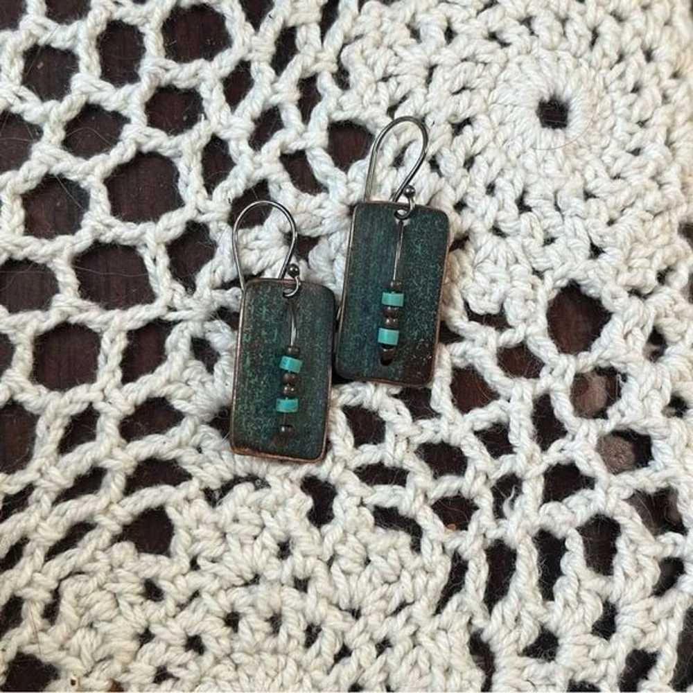 Handmade Beaded Copper Metal Earrings Rustic Blue… - image 3