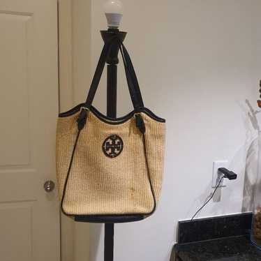 TORY BURCH Basket Woven Slouchy Tote Poppy Coral … - image 1