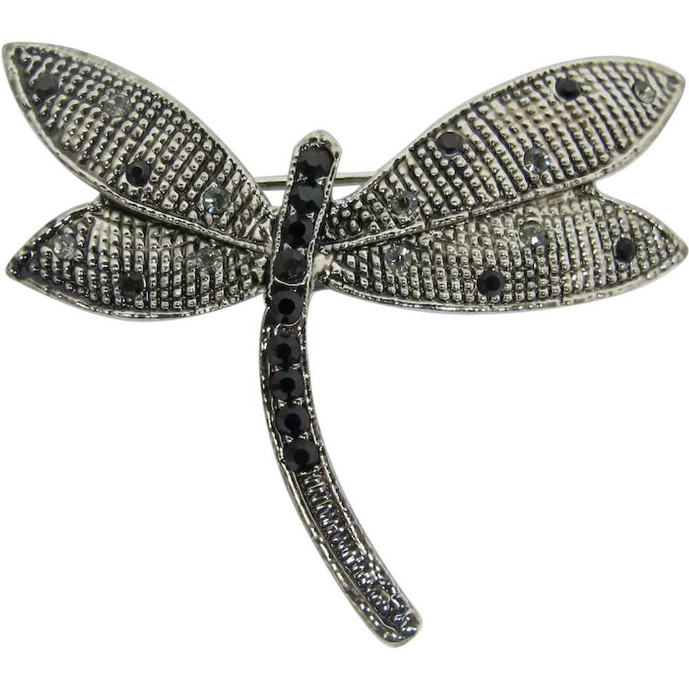 Silver Dragonfly Brooch With Black and White Rhin… - image 1