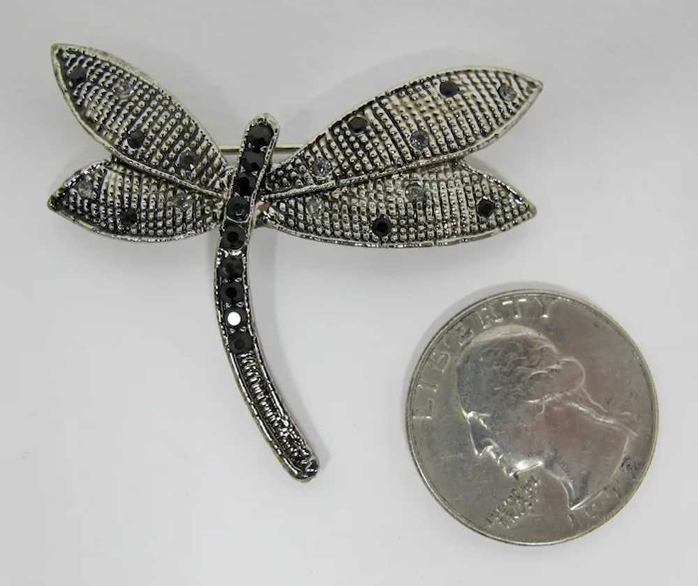 Silver Dragonfly Brooch With Black and White Rhin… - image 2