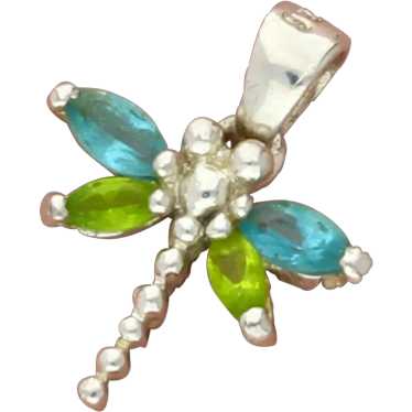 Sterling Silver Blue & Green Cz Dragonfly Pendant - image 1