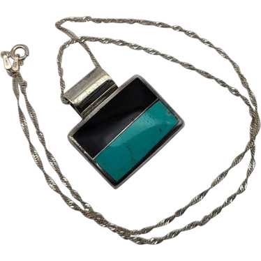 Turquoise black onyx stone rectangle sterling sil… - image 1