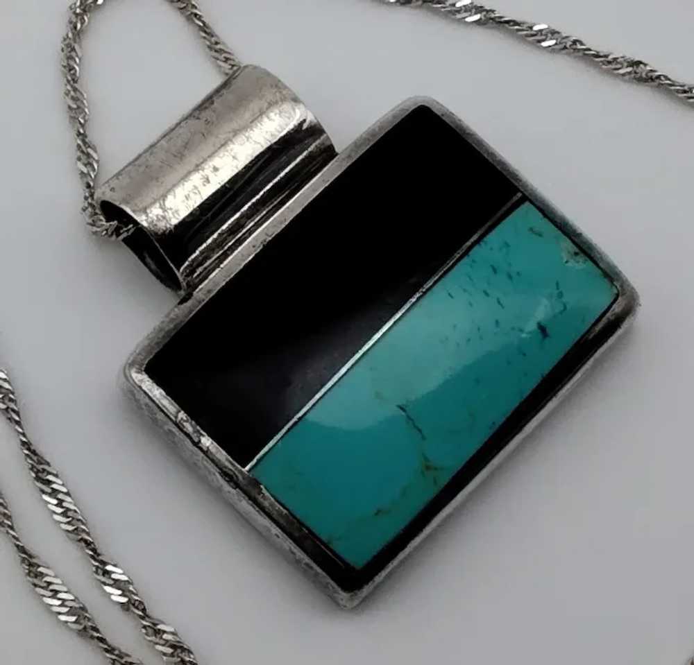 Turquoise black onyx stone rectangle sterling sil… - image 2