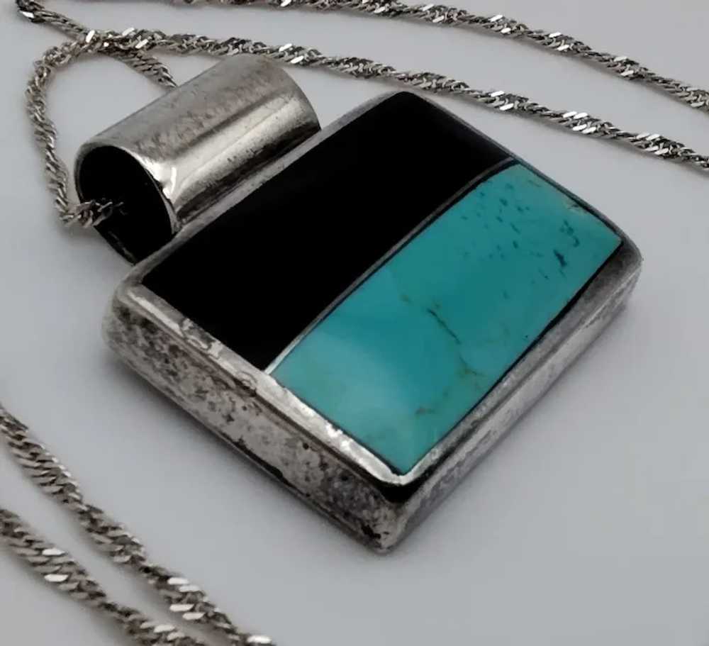 Turquoise black onyx stone rectangle sterling sil… - image 3