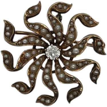 Vintage Diamond Seed Pearl 14k Brooch Pendant