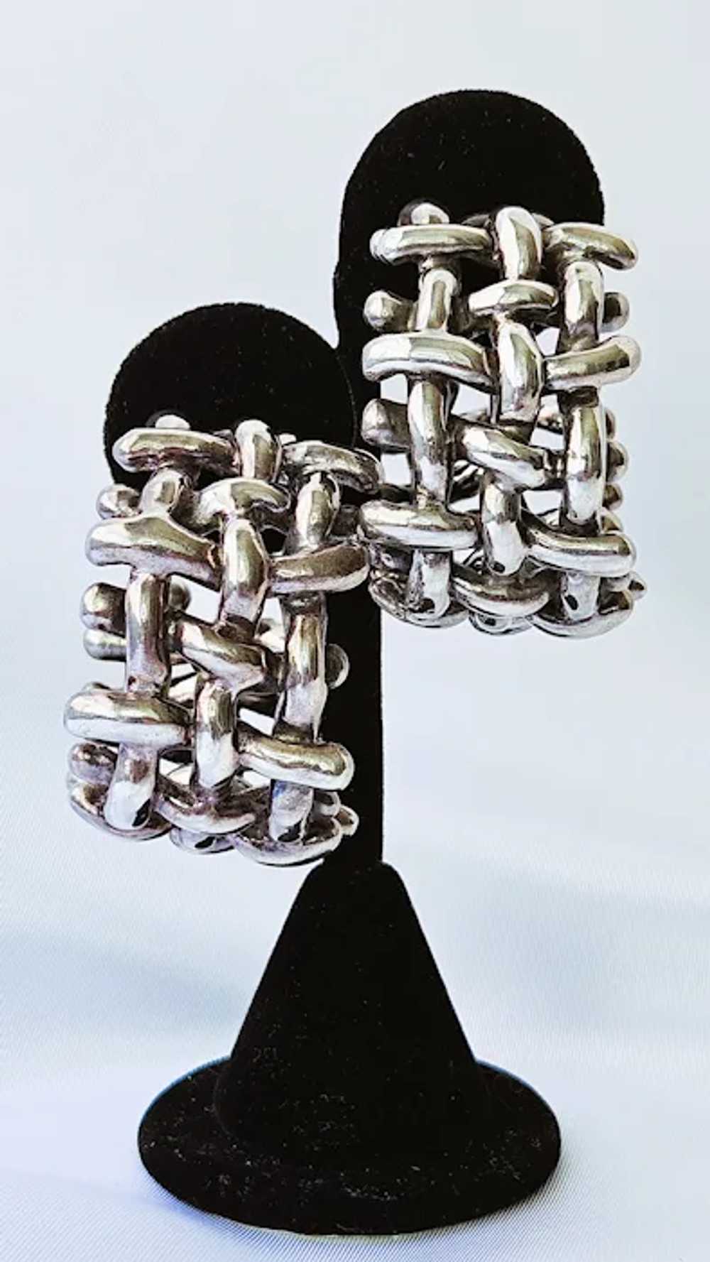 Vintage Sterling Silver Woven Large Hoop Pierced … - image 4