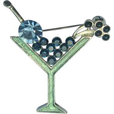 Vintage Rhinestone Martini Pin, Blue, Silver & Gr… - image 1